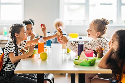 adorable schoolgirls taking lunch at school cafeteria adorable schoolgirls taking lunch at school cafeteria